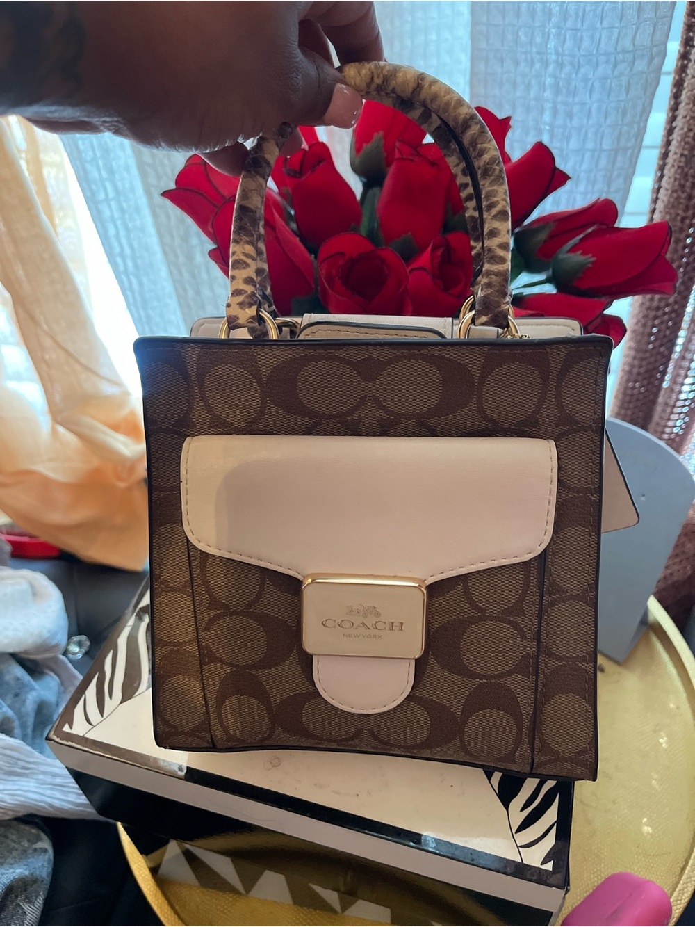 Coach Mini pepper Signature Satchel in Brown with Cream Trim
